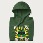 Folded forest green hoodie with retro graphic of a mecha warrior and Japanese text for "Fight," "Attack," "Conflict," and "Destiny to defeat them all".