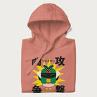 Folded light pink hoodie with retro graphic of a mecha warrior and Japanese text for "Fight," "Attack," "Conflict," and "Destiny to defeat them all".