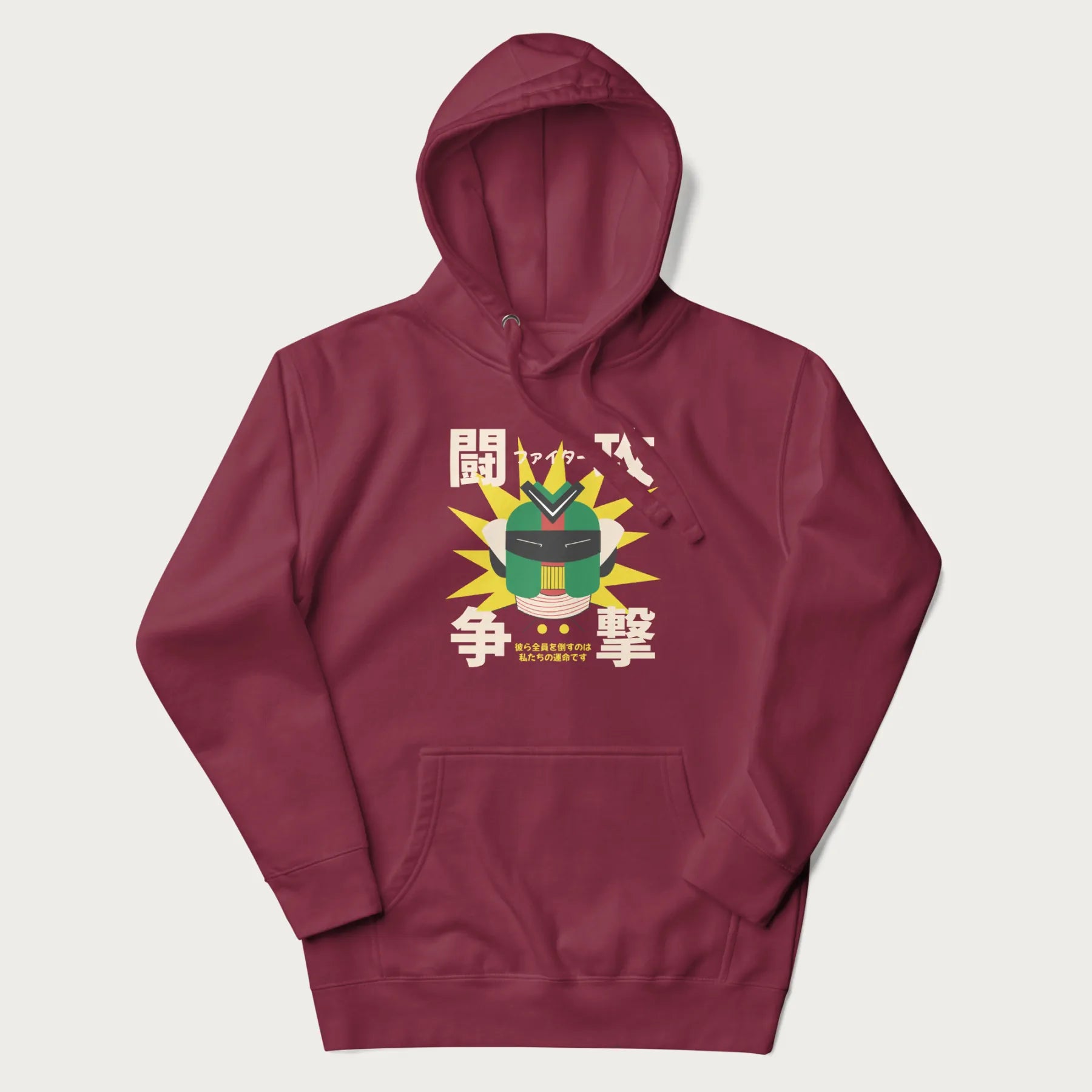 Maroon hoodie with retro graphic of a mecha warrior and Japanese text for "Fight," "Attack," "Conflict," and "Destiny to defeat them all".