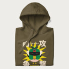 Folded military green hoodie with retro graphic of a mecha warrior and Japanese text for "Fight," "Attack," "Conflict," and "Destiny to defeat them all".