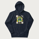 Navy blue hoodie with retro graphic of a mecha warrior and Japanese text for "Fight," "Attack," "Conflict," and "Destiny to defeat them all".