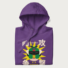Folded purple hoodie with retro graphic of a mecha warrior and Japanese text for "Fight," "Attack," "Conflict," and "Destiny to defeat them all".