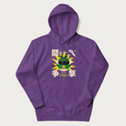 Purple hoodie with retro graphic of a mecha warrior and Japanese text for "Fight," "Attack," "Conflict," and "Destiny to defeat them all".
