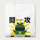 Folded white sweatshirt with Japanese text and a retro samurai robot graphic.