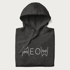 Folded dark grey meow hoodie with a simple 'MEOW' text and cute cat face graphics on the front.