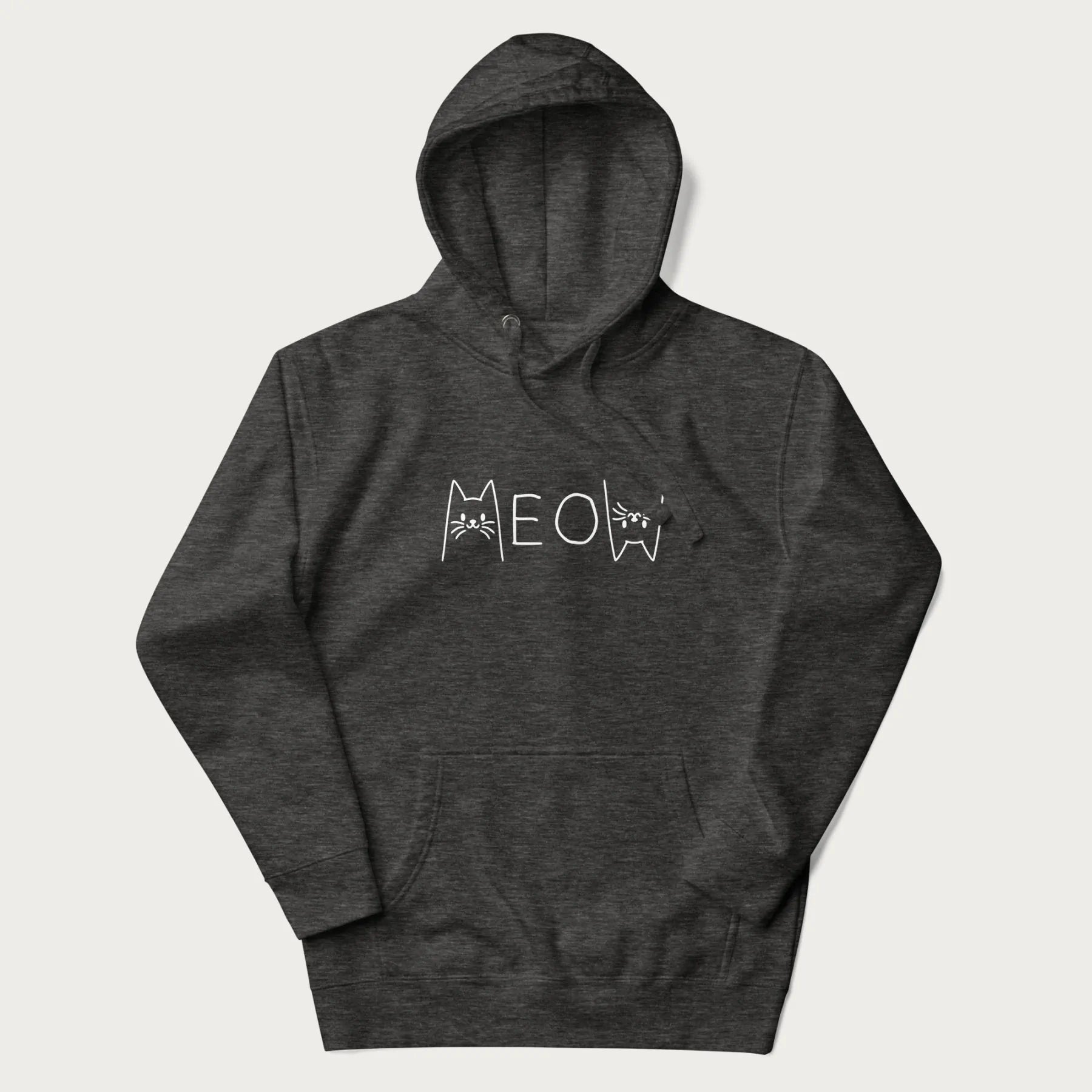 Dark grey meow hoodie with a simple 'MEOW' text and cute cat face graphics on the front.