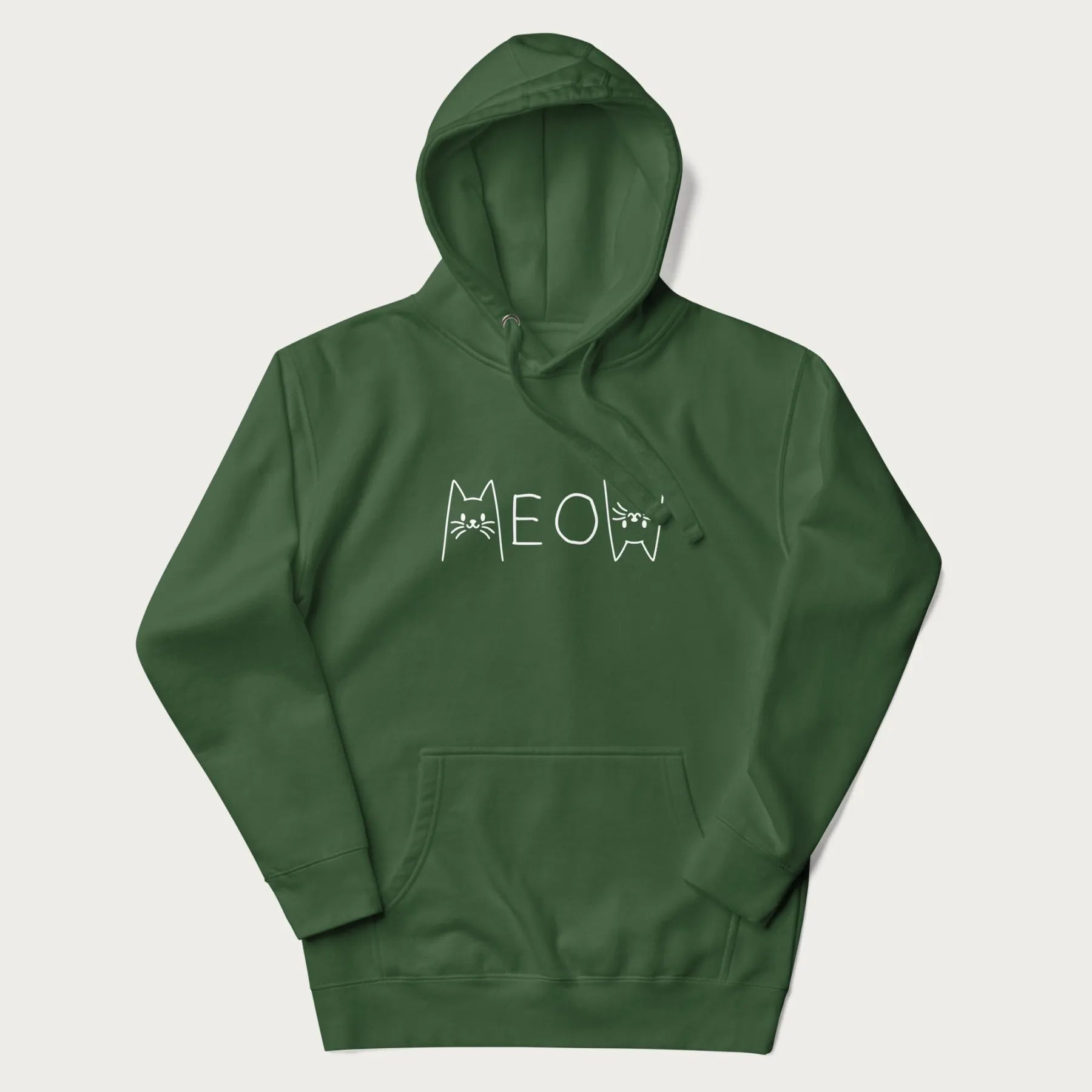 Green meow hoodie with a simple 'MEOW' text and cute cat face graphics on the front.