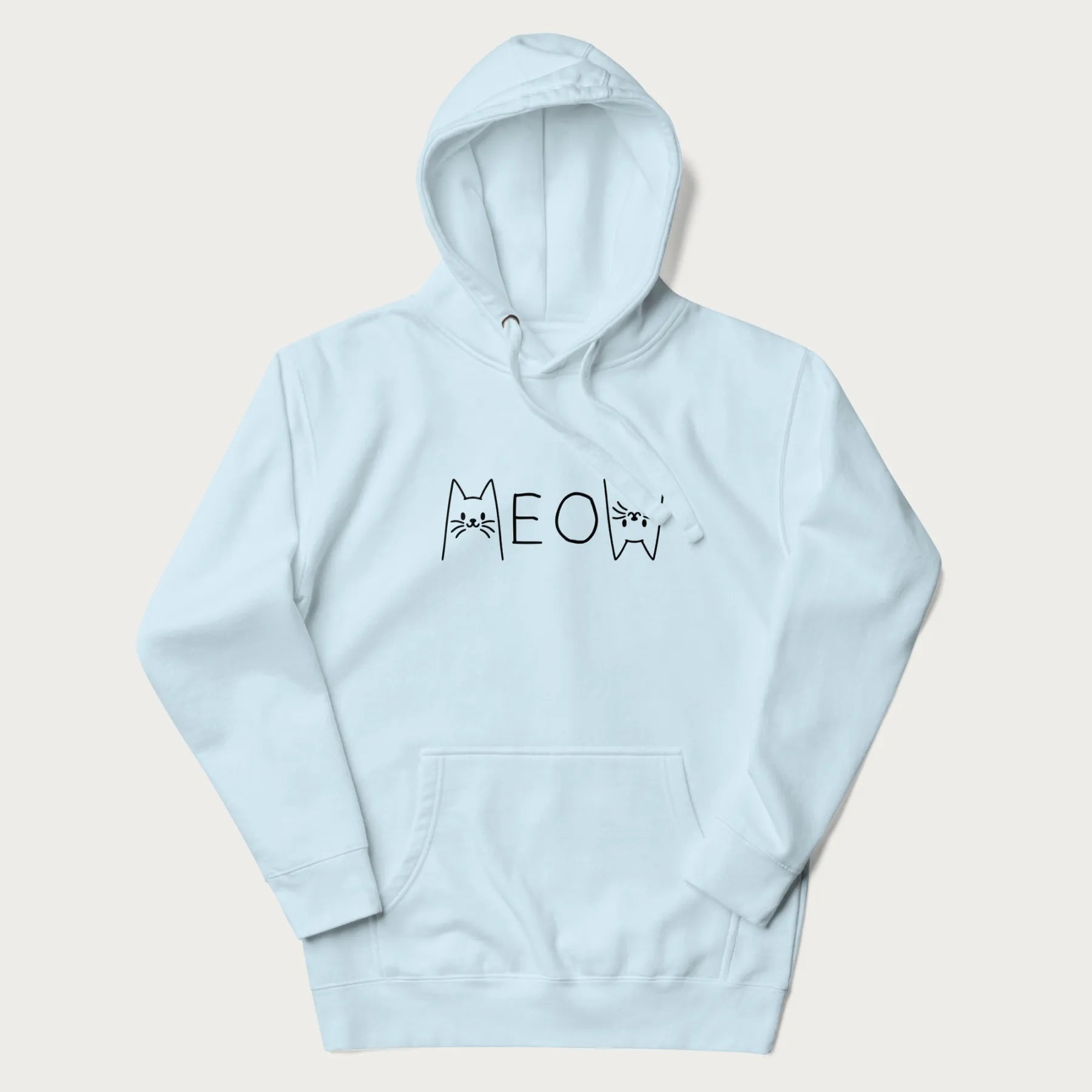 Light blue meow hoodie with a simple 'MEOW' text and cute cat face graphics on the front.