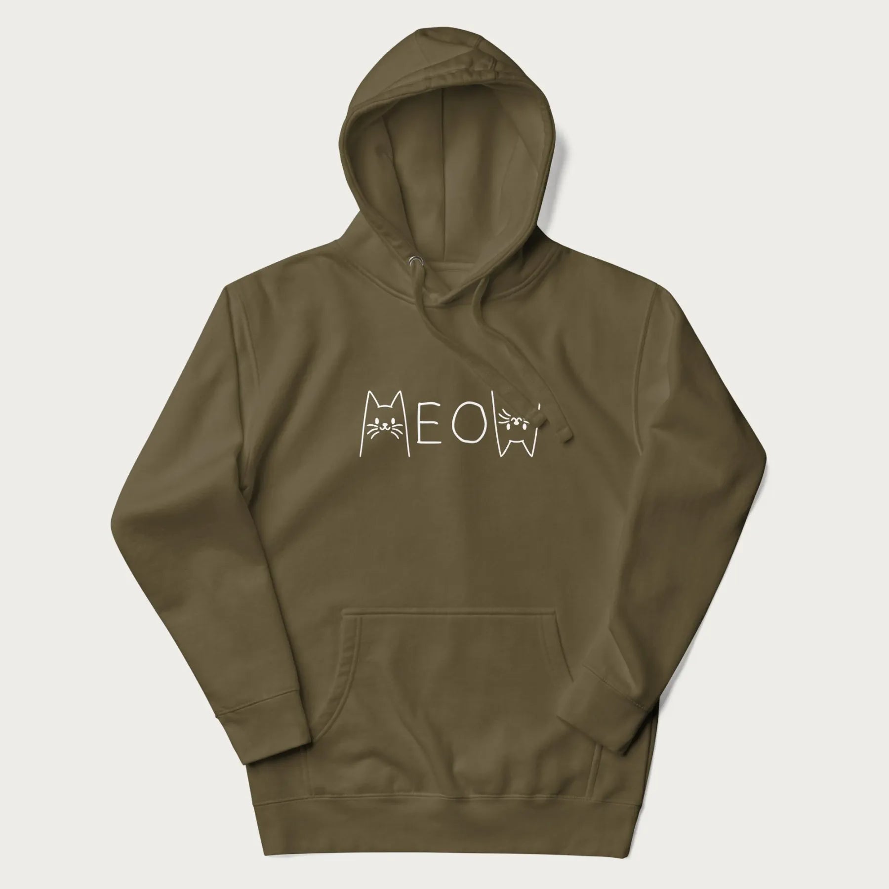 Military green meow hoodie with a simple 'MEOW' text and cute cat face graphics on the front.
