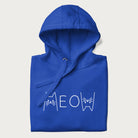 Folded royal blue meow hoodie with a simple 'MEOW' text and cute cat face graphics on the front.