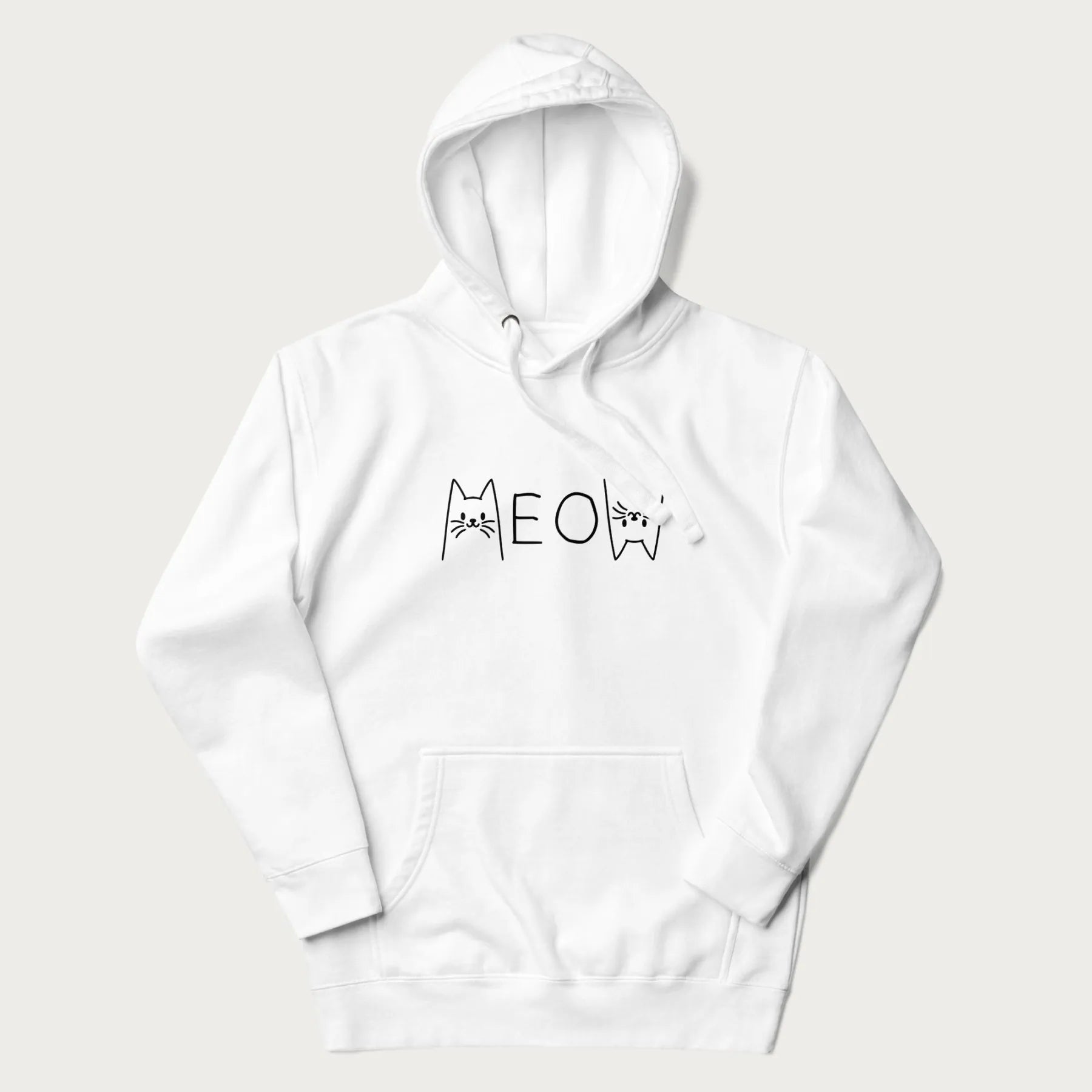 White meow hoodie with a simple 'MEOW' text and cute cat face graphics on the front.