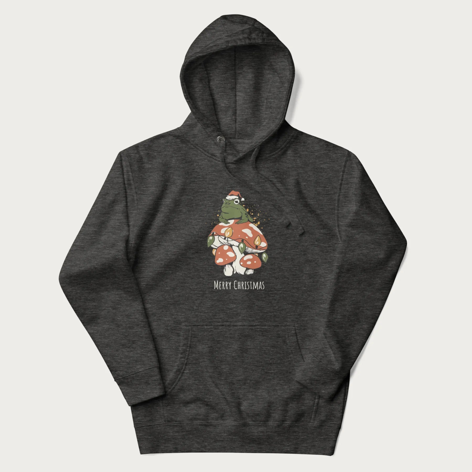 Dark grey hoodie with graphic of a frog in a Santa hat on a mushroom with Christmas lights and the text 'Merry Christmas' below.