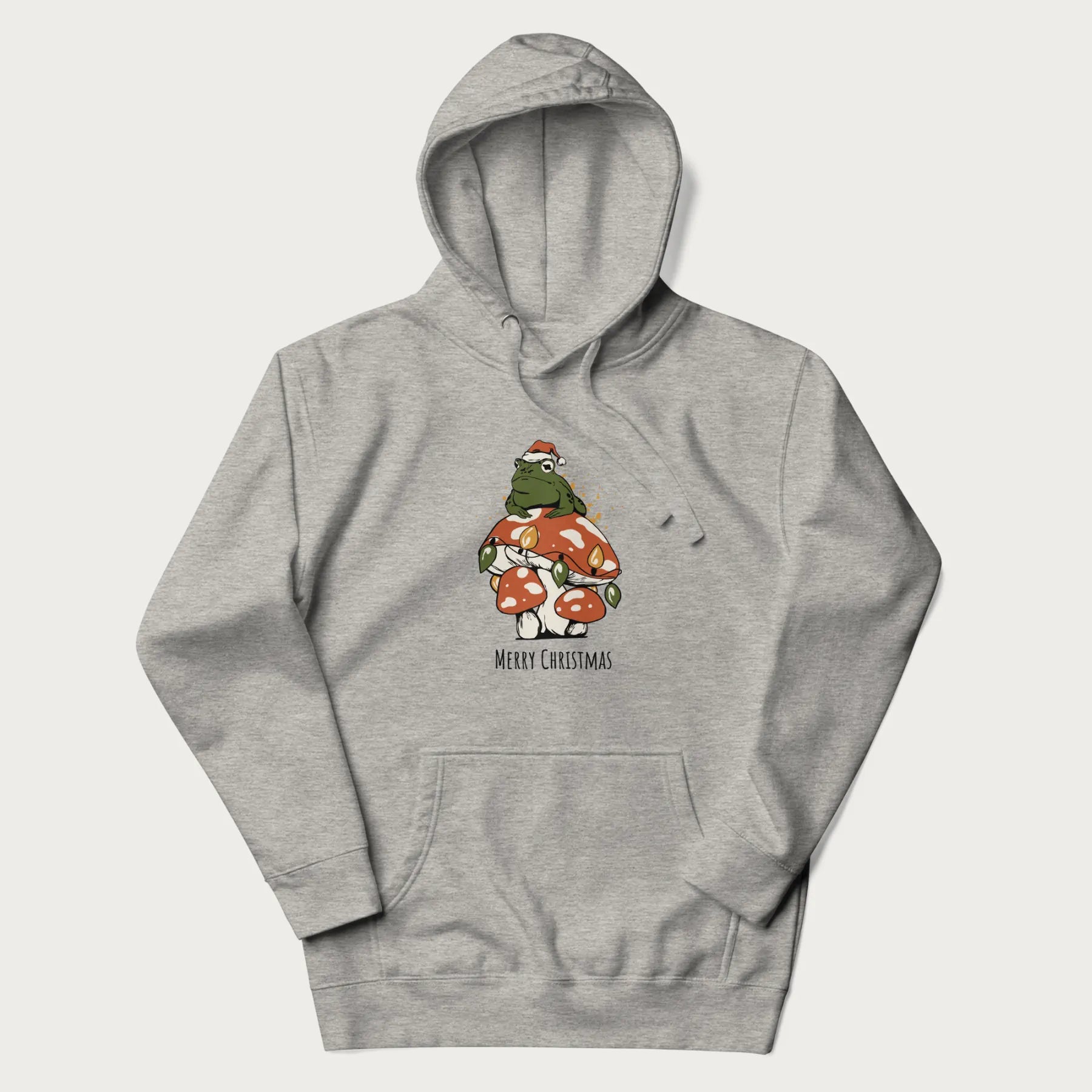 Light grey hoodie with graphic of a frog in a Santa hat on a mushroom with Christmas lights and the text 'Merry Christmas' below.