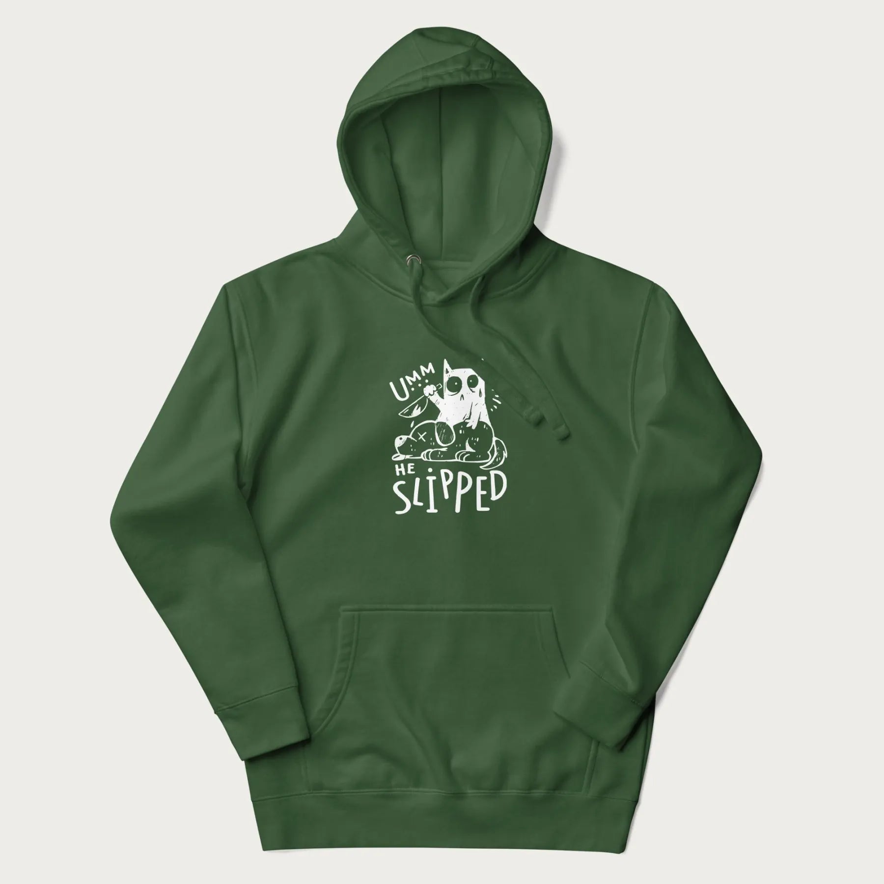 Green hoodie with a graphic of a white cat holding a knife over a dog with a funny phrase 'Umm, He Slipped'.