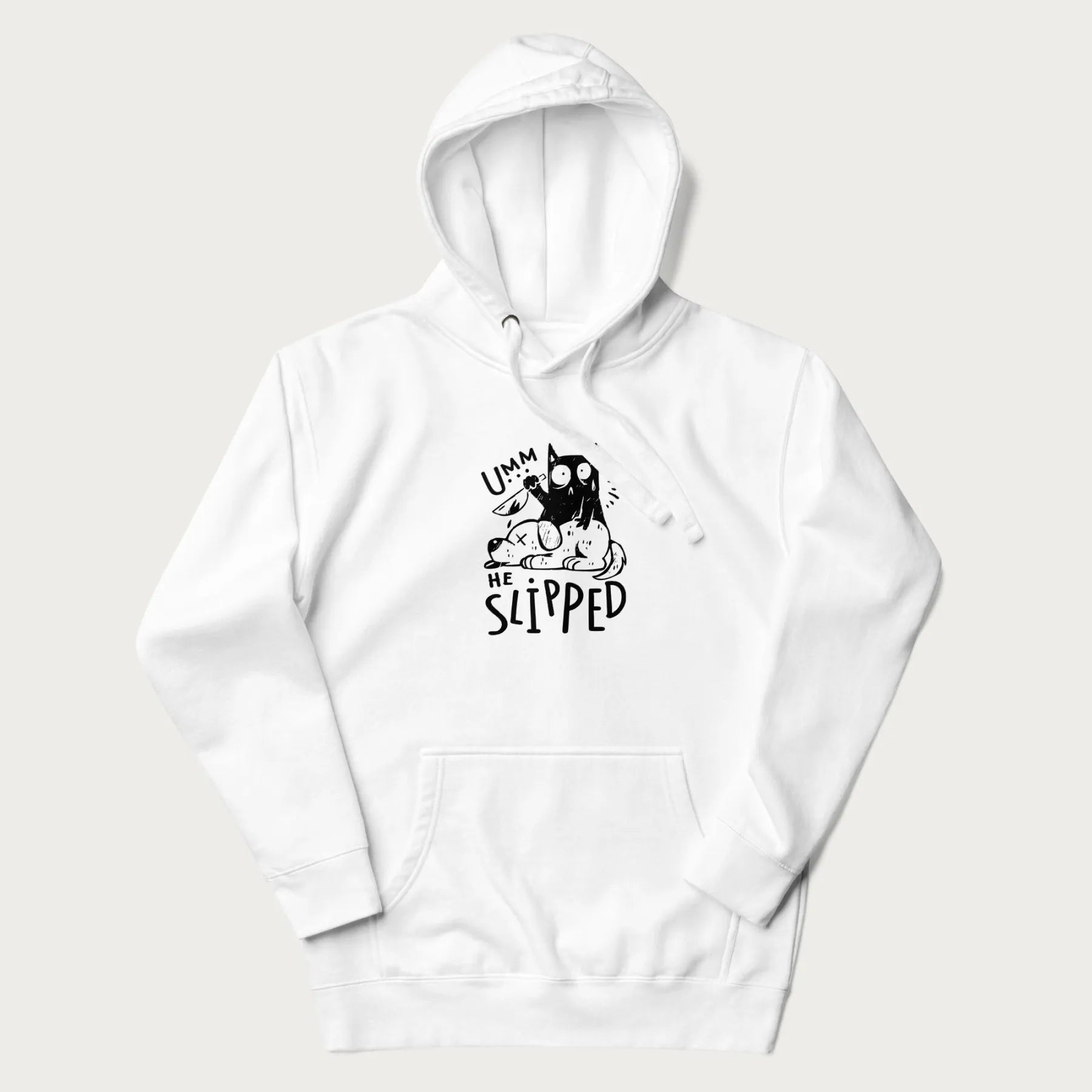 White hoodie with a graphic of a black cat holding a knife over a dog with a funny phrase 'Umm, He Slipped'.