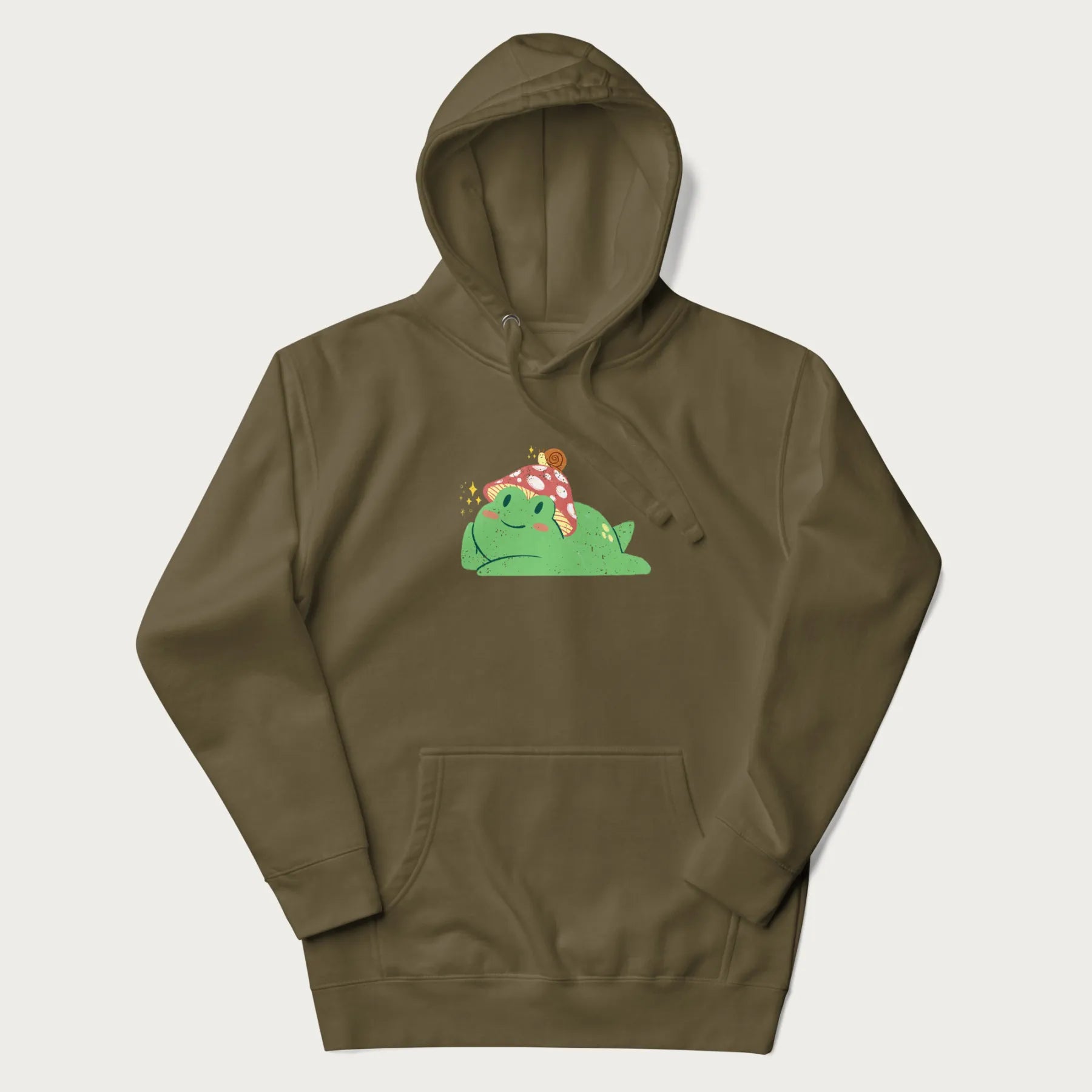 Military green hoodie with a cottagecore design of a green frog wearing a mushroom cap and a snail on top.