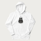 White hoodie with a 'No Touchy, Touchy! Social Distancing Please!' black cat graphic design.
