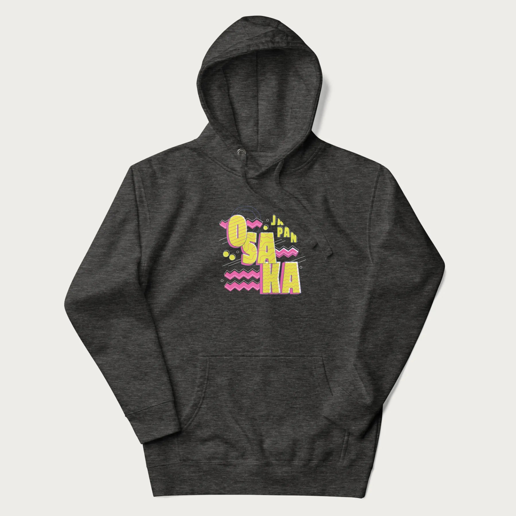 Dark grey hoodie featuring a colorful 'OSAKA JAPAN' pop art design in bold pink and yellow, with abstract geometric shapes.