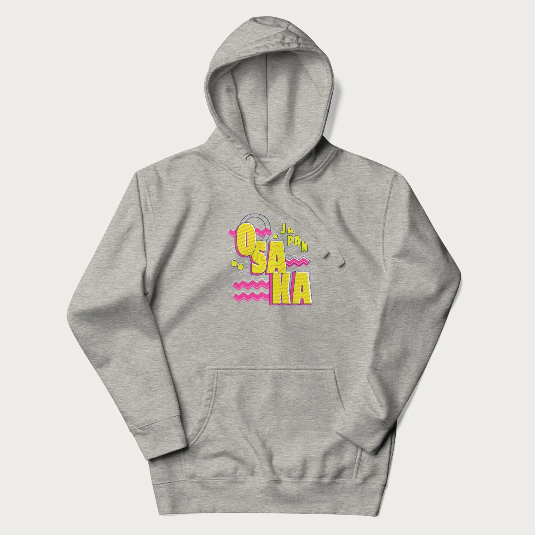 Light grey hoodie featuring a colorful 'OSAKA JAPAN' pop art design in bold pink and yellow, with abstract geometric shapes.