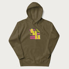 Military green hoodie featuring a colorful 'OSAKA JAPAN' pop art design in bold pink and yellow, with abstract geometric shapes.