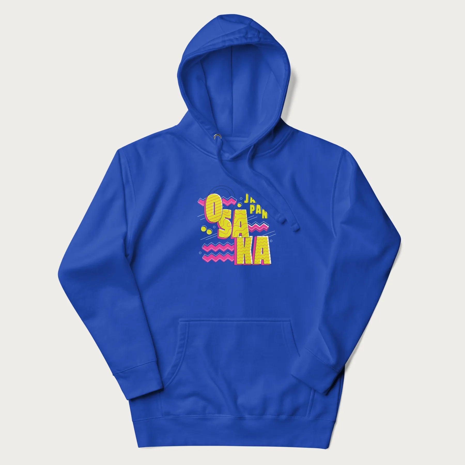 Royal blue hoodie featuring a colorful 'OSAKA JAPAN' pop art design in bold pink and yellow, with abstract geometric shapes.