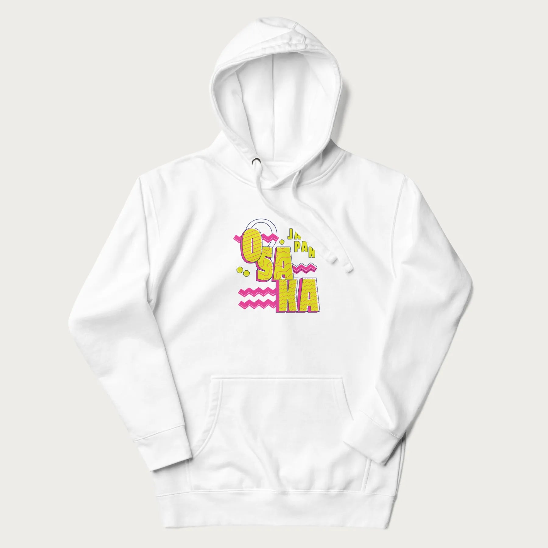 White hoodie featuring a colorful 'OSAKA JAPAN' pop art design in bold pink and yellow, with abstract geometric shapes.