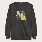 Dark grey sweatshirt with a vibrant graphic of the words "OSAKA JAPAN" in large yellow letters, surrounded by pink zigzag lines.