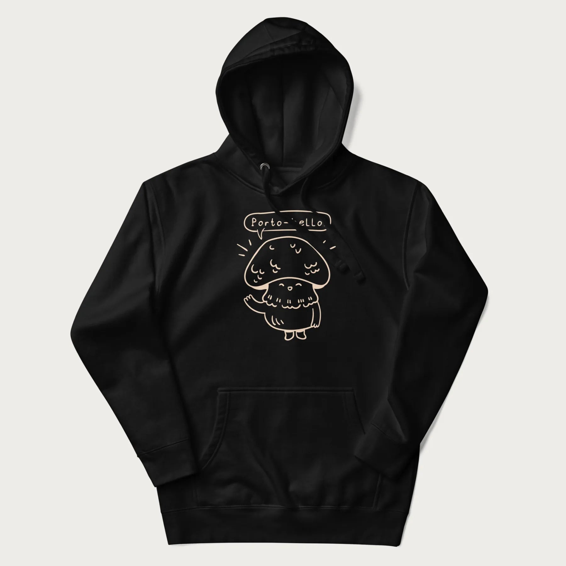 Black hoodie with graphic of a cute mushroom waving and the text "Porto-hello!"