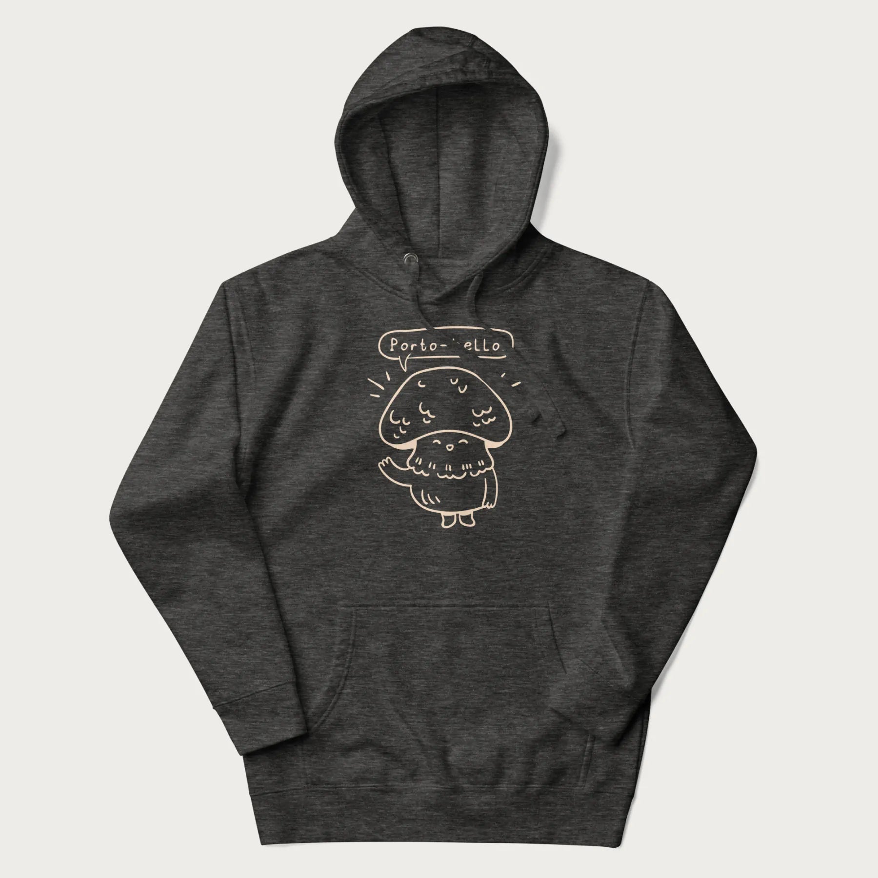 Dark grey hoodie with graphic of a cute mushroom waving and the text "Porto-hello!"