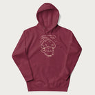 Maroon hoodie with graphic of a cute mushroom waving and the text "Porto-hello!"