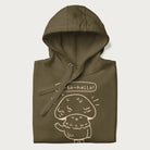 Folded military green hoodie with graphic of a cute mushroom waving and the text "Porto-hello!"