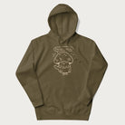 Military green hoodie with graphic of a cute mushroom waving and the text "Porto-hello!"