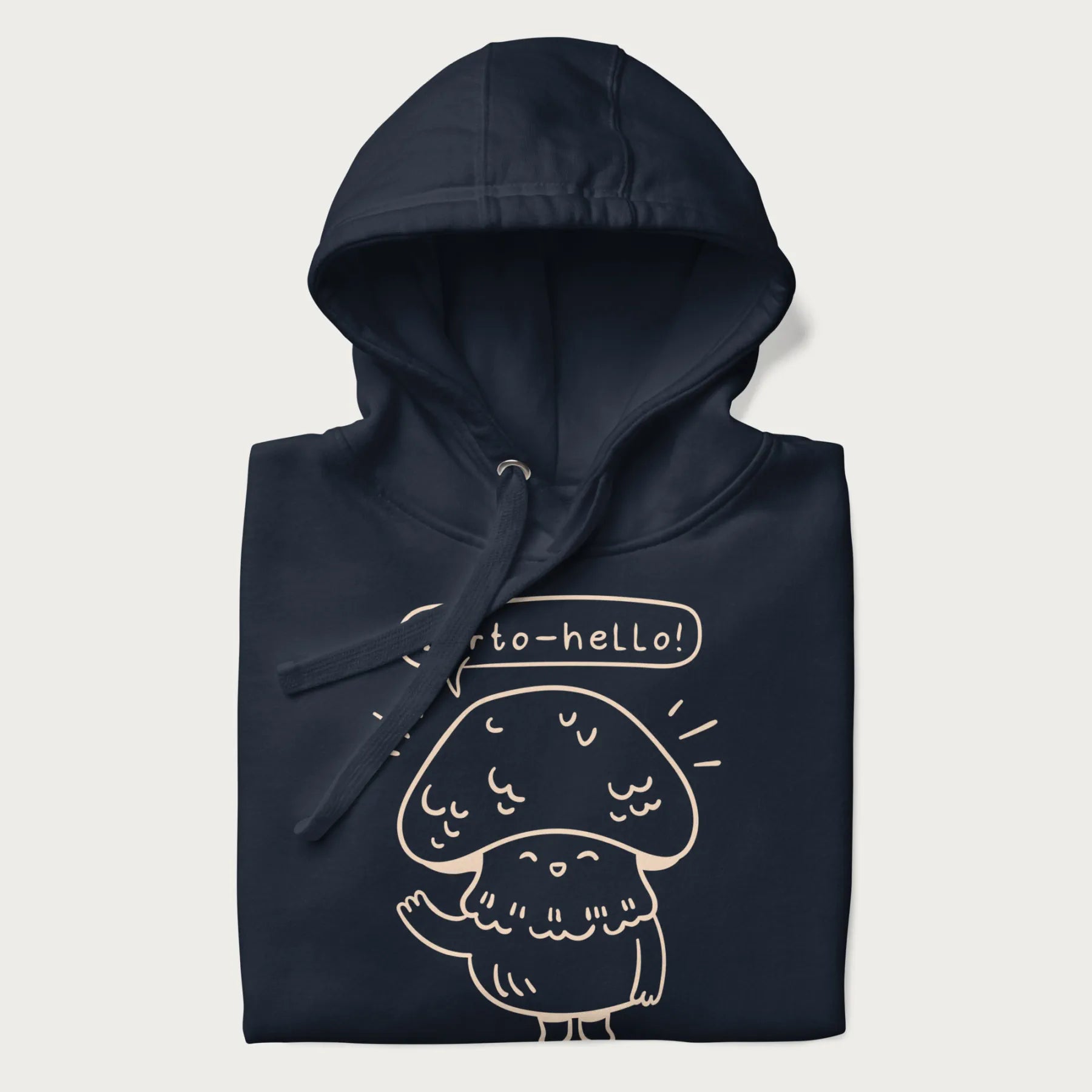 Folded navy blue hoodie with graphic of a cute mushroom waving and the text "Porto-hello!"