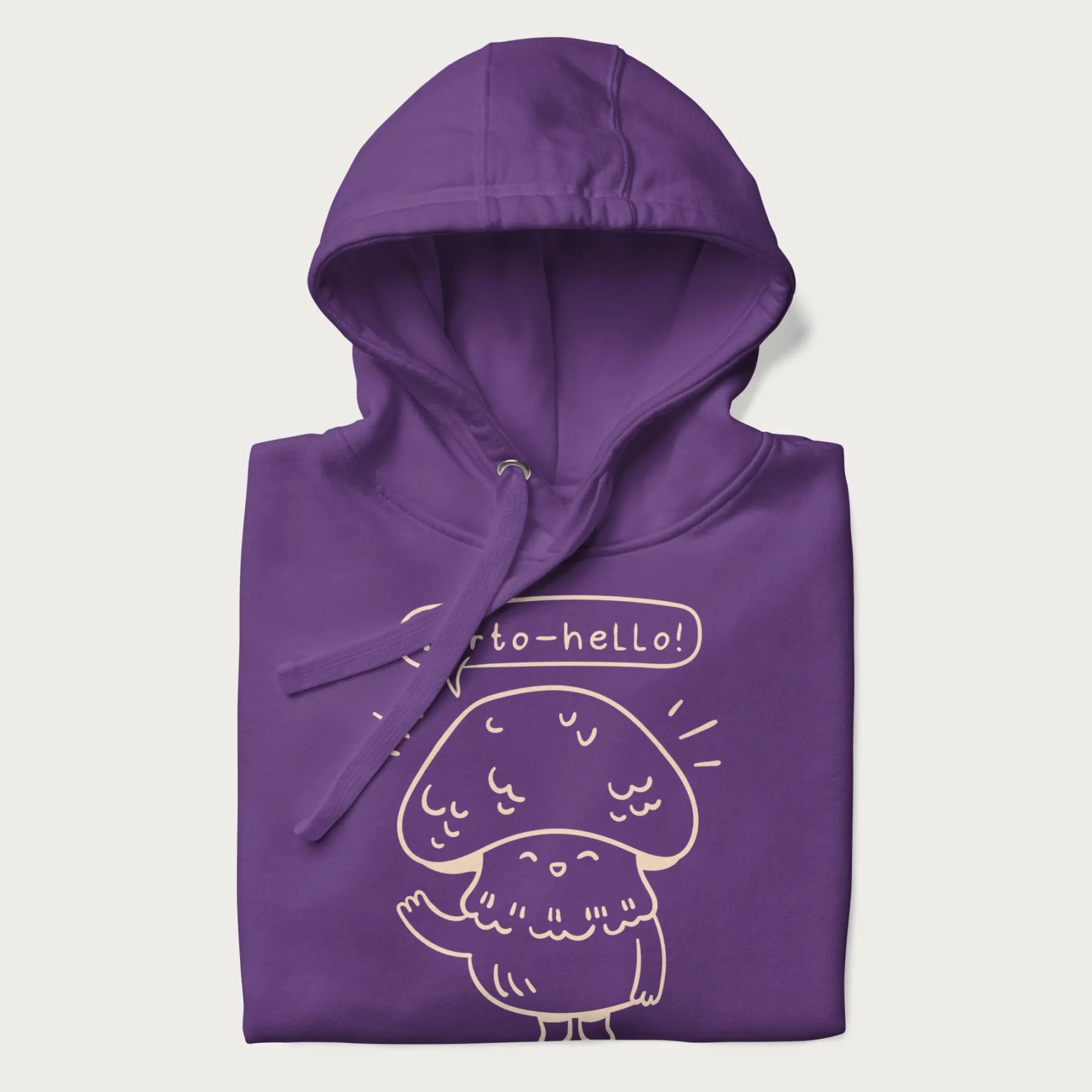 Folded purple hoodie with graphic of a cute mushroom waving and the text "Porto-hello!"