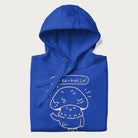 Folded royal blue hoodie with graphic of a cute mushroom waving and the text "Porto-hello!"