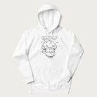 White hoodie with graphic of a cute mushroom waving and the text "Porto-hello!"