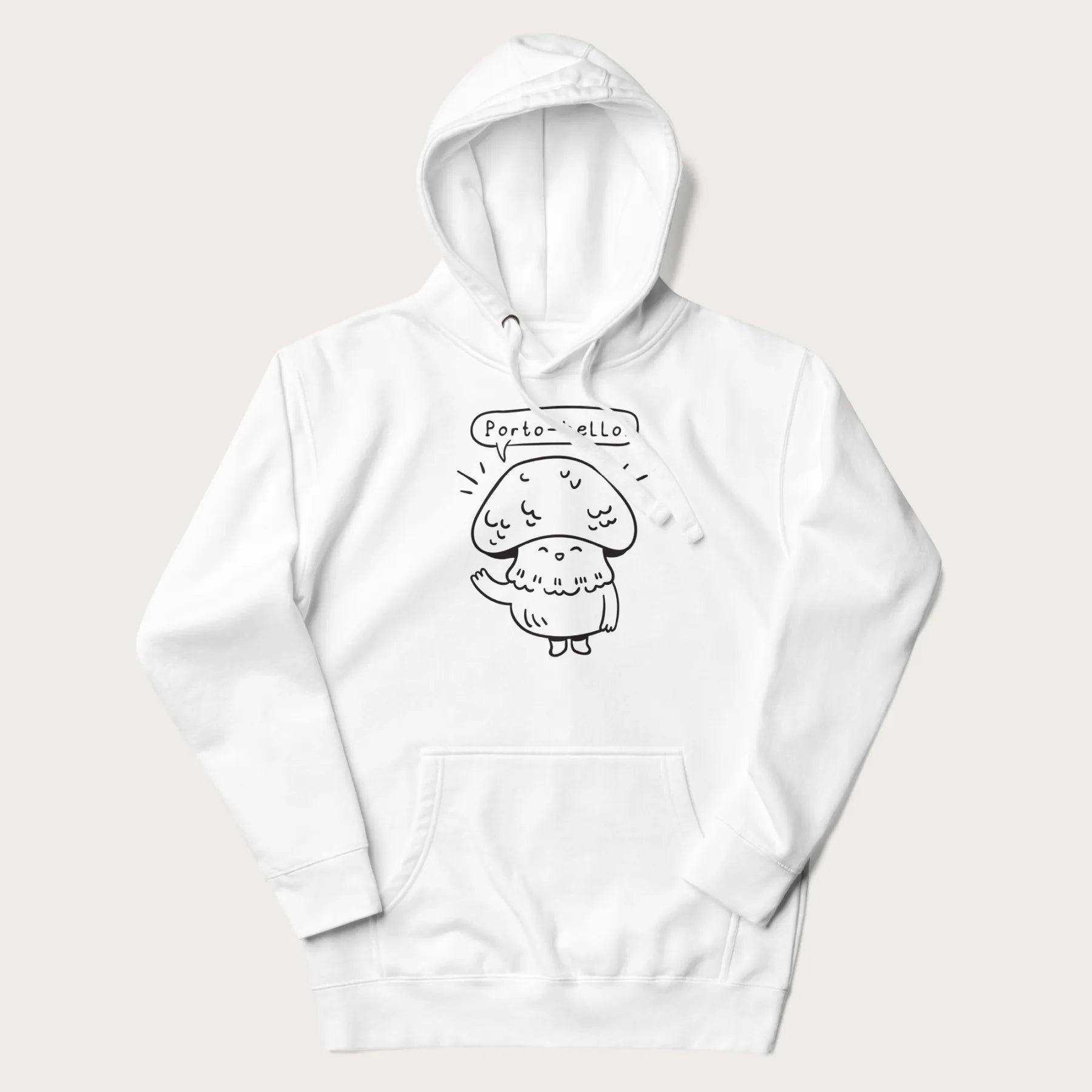 White hoodie with graphic of a cute mushroom waving and the text "Porto-hello!"