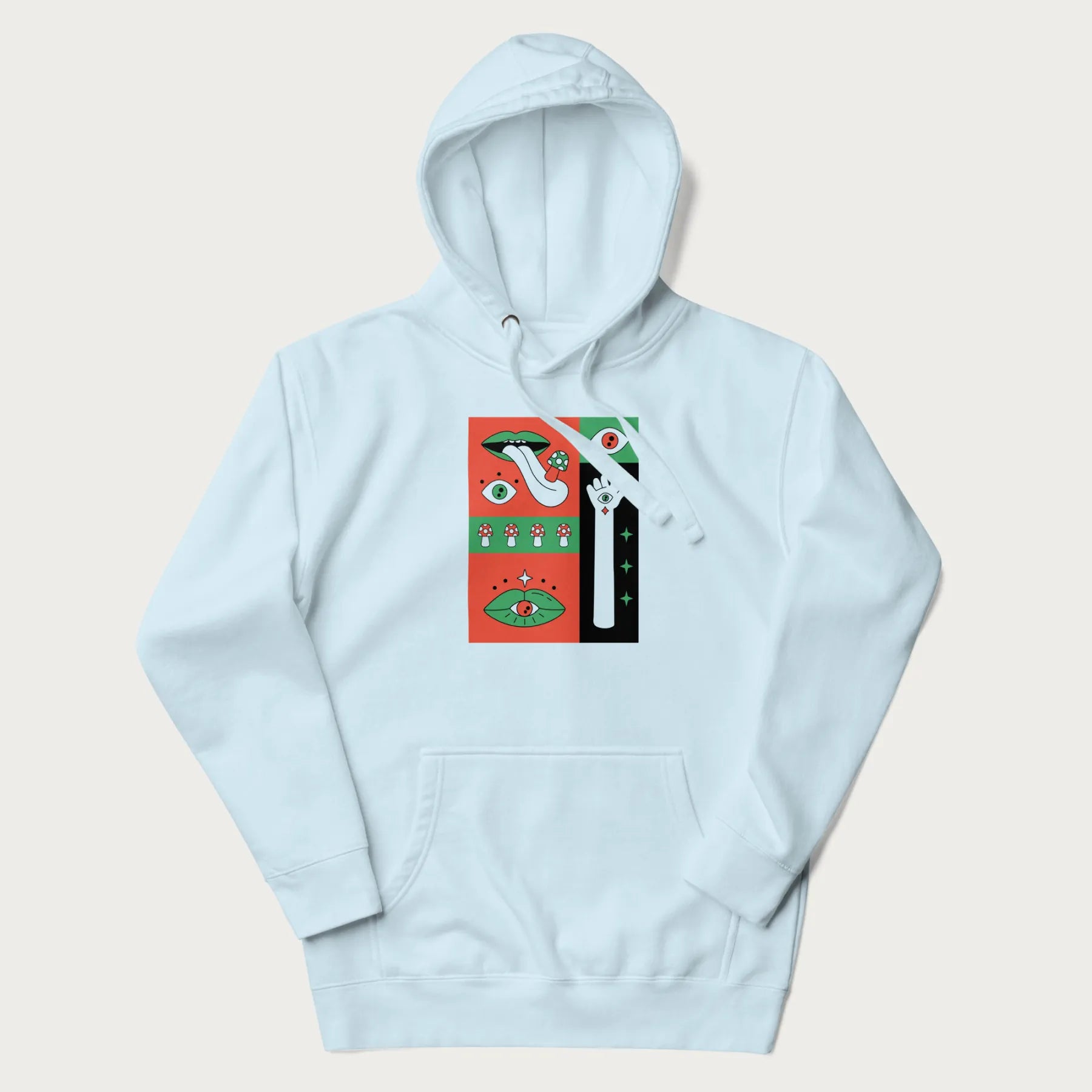 Light blue hoodie with mushroom psychedelic designs of surreal elements like lips, eyes, and mushrooms.