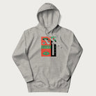 Light grey hoodie with mushroom psychedelic designs of surreal elements like lips, eyes, and mushrooms.