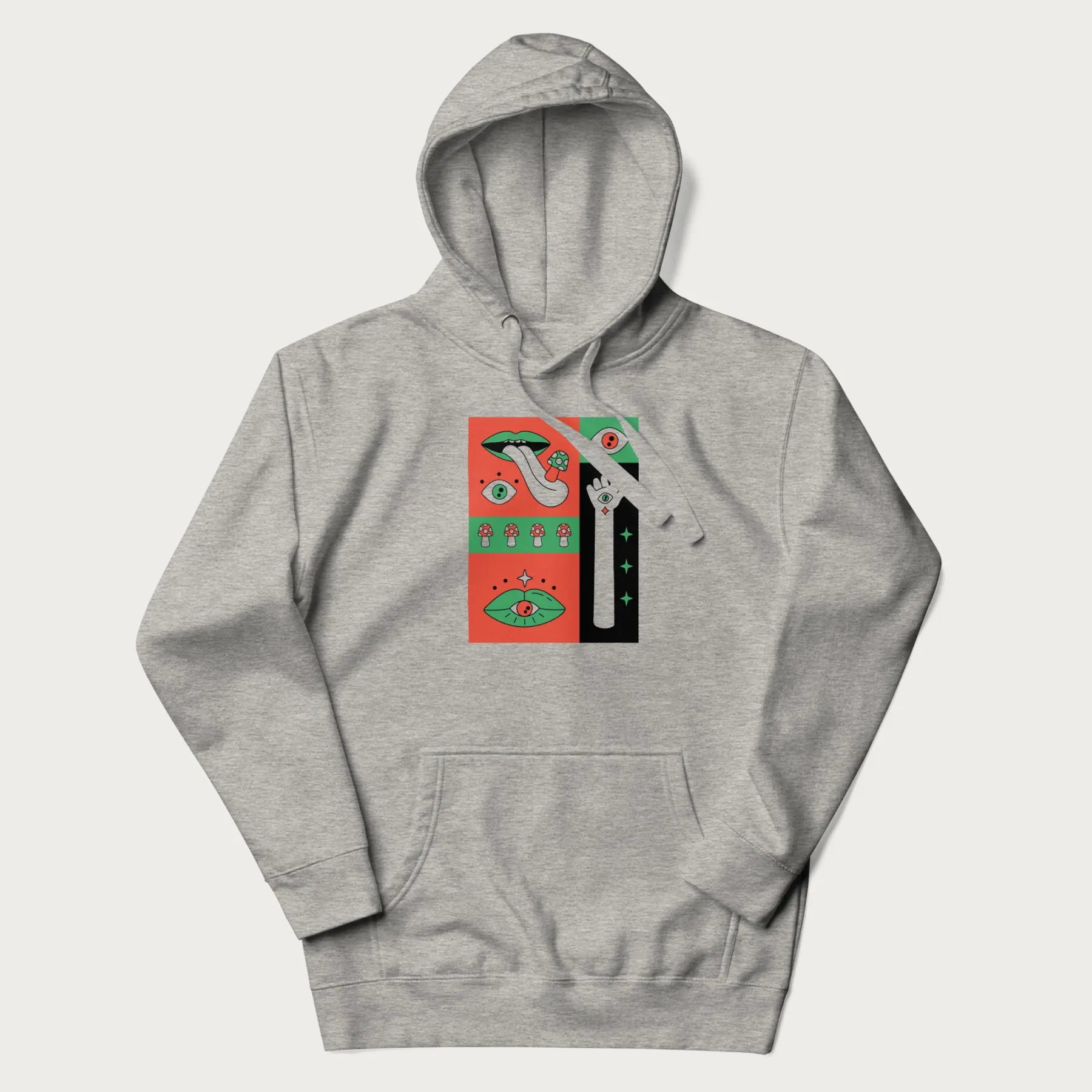 Light grey hoodie with mushroom psychedelic designs of surreal elements like lips, eyes, and mushrooms.