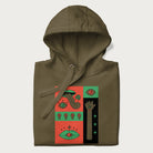 Folded military green hoodie with mushroom psychedelic designs of surreal elements like lips, eyes, and mushrooms.