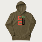Military green hoodie with mushroom psychedelic designs of surreal elements like lips, eyes, and mushrooms.