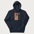 Navy blue hoodie with mushroom psychedelic designs of surreal elements like lips, eyes, and mushrooms.