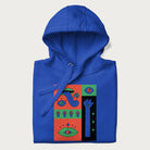 Folded royal blue hoodie with mushroom psychedelic designs of surreal elements like lips, eyes, and mushrooms.