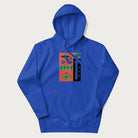 Royal blue hoodie with mushroom psychedelic designs of surreal elements like lips, eyes, and mushrooms.