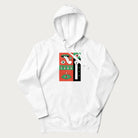 White hoodie with mushroom psychedelic designs of surreal elements like lips, eyes, and mushrooms.
