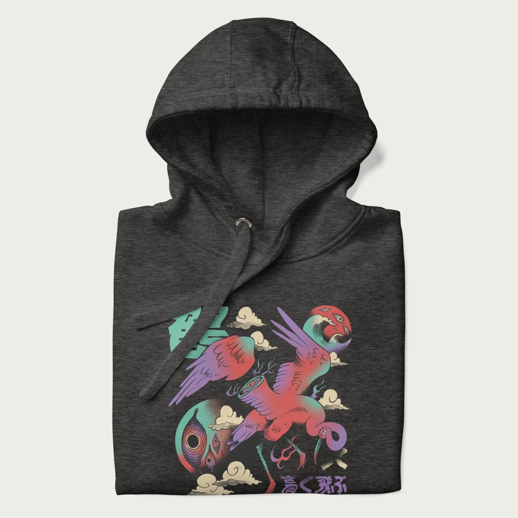 Folded dark grey hoodie with Japanese crane graphic in vibrant colors and Japanese text '鶴' (Crane) and '高く飛ぶ' (Fly High).