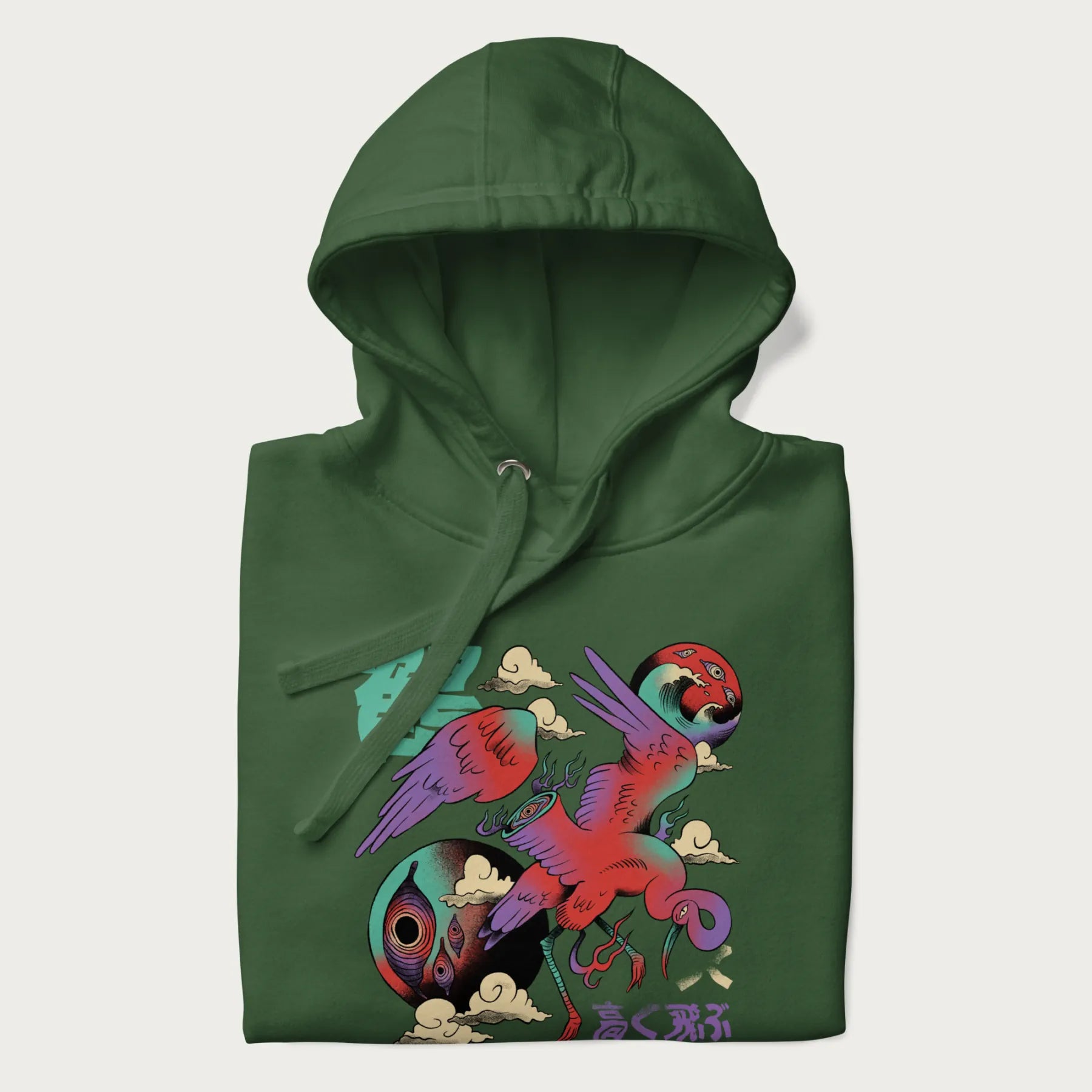 Folded forest green hoodie with Japanese crane graphic in vibrant colors and Japanese text '鶴' (Crane) and '高く飛ぶ' (Fly High).