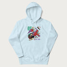Light blue hoodie with Japanese crane graphic in vibrant colors and Japanese text '鶴' (Crane) and '高く飛ぶ' (Fly High).