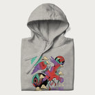 Folded light grey hoodie with Japanese crane graphic in vibrant colors and Japanese text '鶴' (Crane) and '高く飛ぶ' (Fly High).